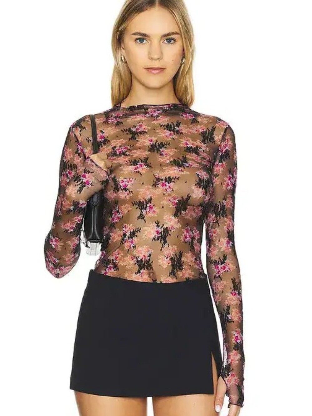 Free People Intimately Lady Lux Printed Layering Top, L, Rare Black Fuschia - Picture 3 of 10
